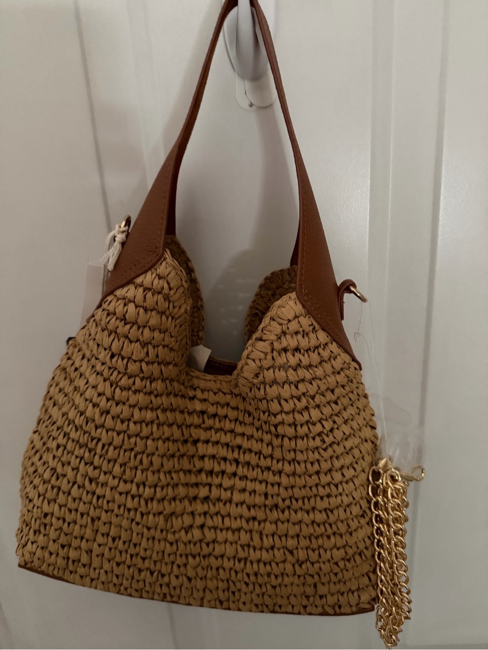 Woven Straw Hobo Tote with Brown Leather Trim - Picture 5 of 10